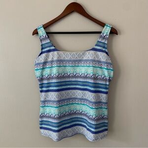 Lands End Multi Print Medallion Tankini Swim Top Square Neck Blue Size 12DD